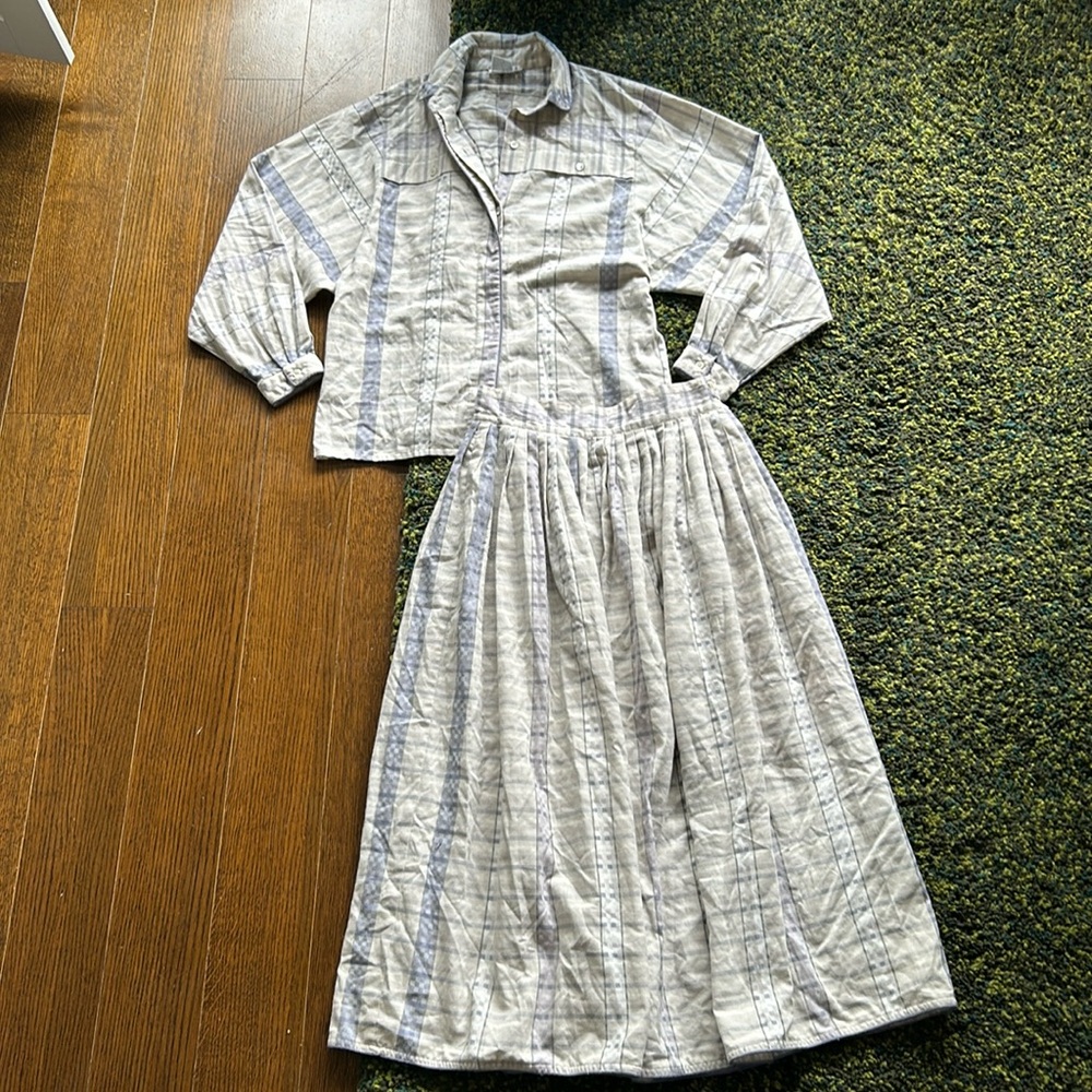 Vintage Simon Chang Plaid Matching Set with Blouse, Scarf, and Midi Skirt